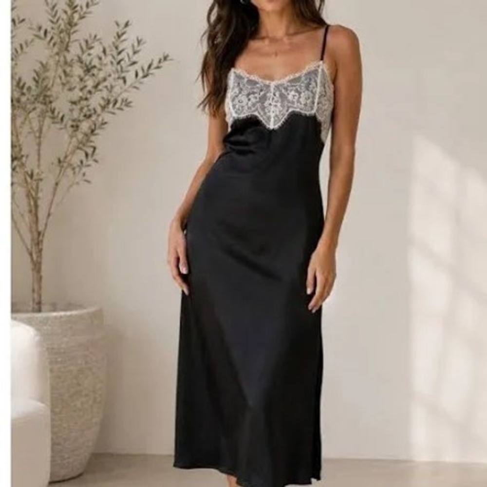 Wild Fable Black Satin Lace Midi Slip Dress XS NWT